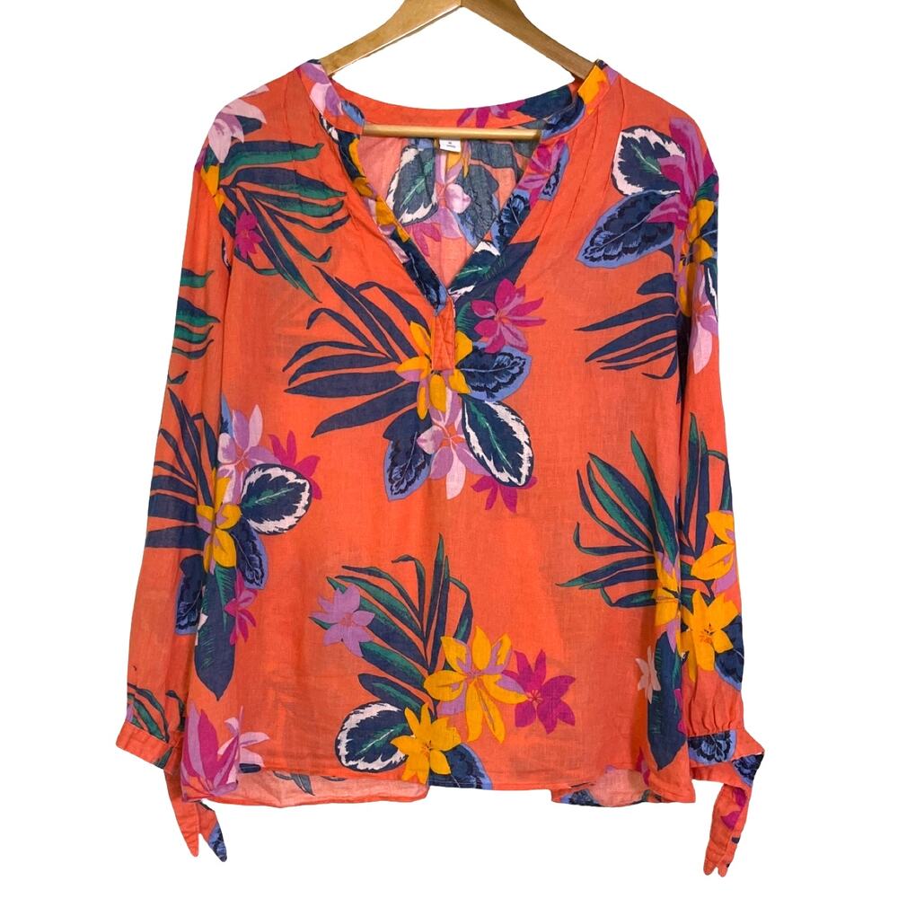 Old Navy XL Tropical Floral Tunic Blouse Coral Split Neck Long Sleeve Cotton